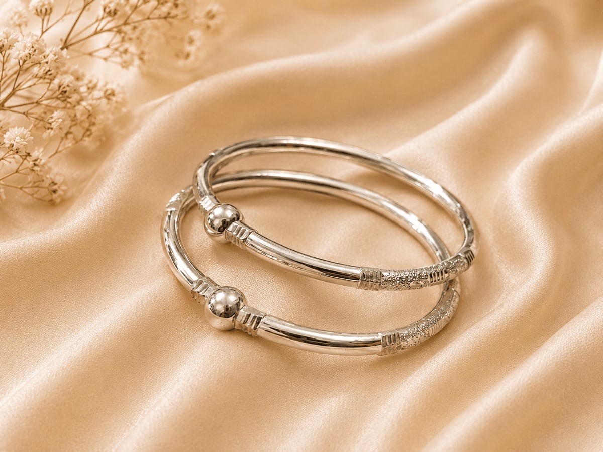 Ball Cap Textured Silver Bangle Pair